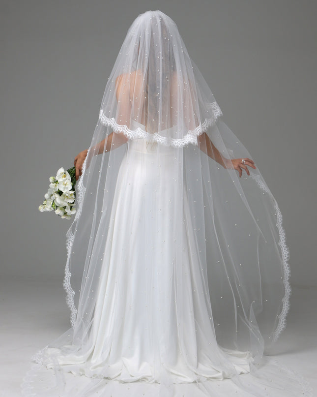 Two Tier Pearl Wedding Veil with Chantilly Lace Edge