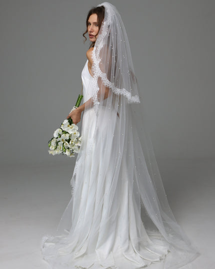 Two Tier Pearl Wedding Veil with Chantilly Lace Edge
