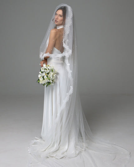 Two Tier Pearl Wedding Veil with Chantilly Lace Edge