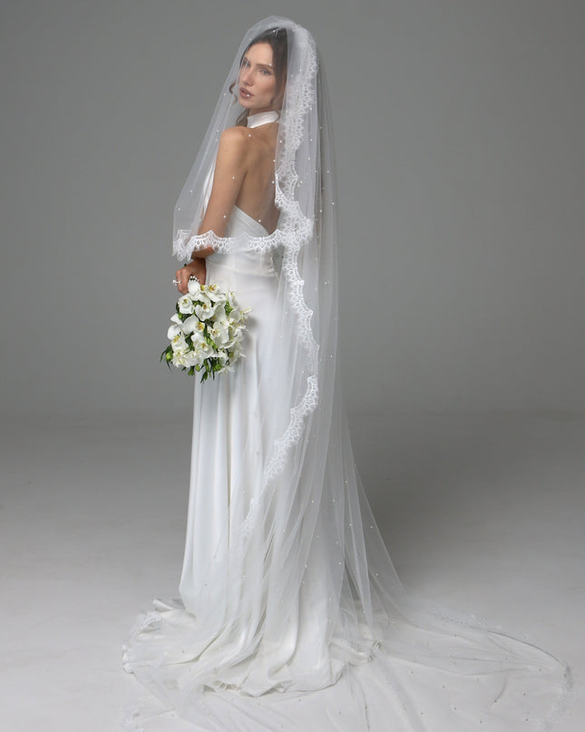 Two Tier Pearl Wedding Veil with Chantilly Lace Edge