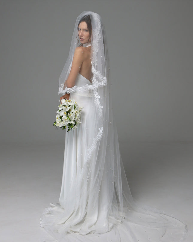 Two Tier Pearl Wedding Veil with Chantilly Lace Edge