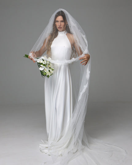 Two Tier Pearl Wedding Veil with Chantilly Lace Edge