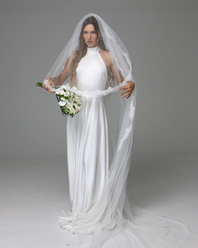 Two Tier Pearl Wedding Veil with Chantilly Lace Edge