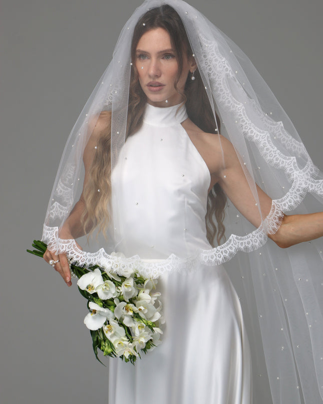 Two Tier Pearl Wedding Veil with Chantilly Lace Edge