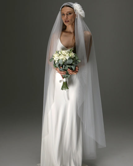 Juliet Cap Veil with Side Flower – One Tier Cascade Soft Tulle Long Bridal Veil
