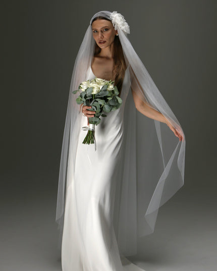 Juliet Cap Veil with Side Flower – One Tier Cascade Soft Tulle Long Bridal Veil