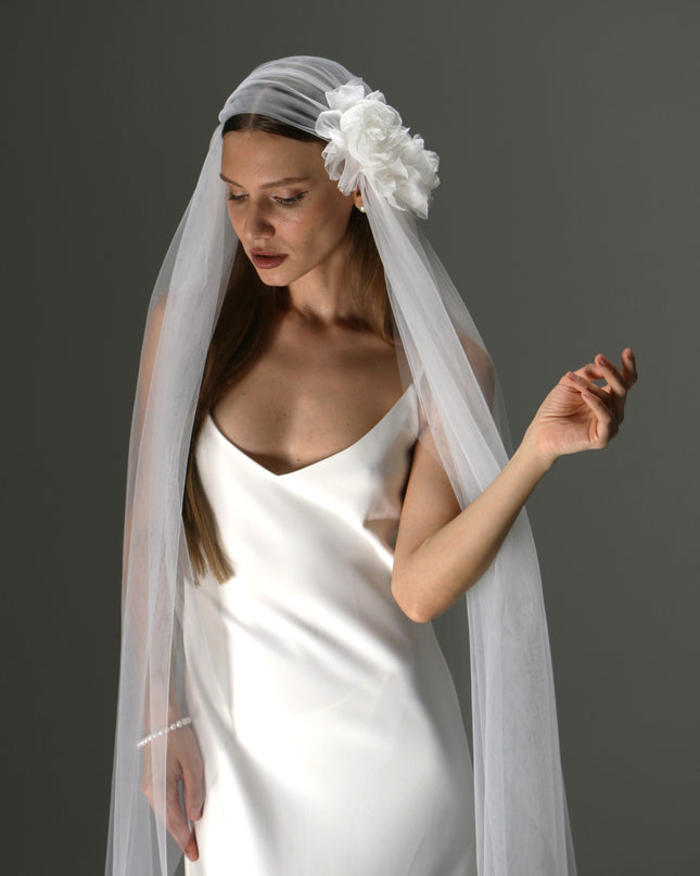 Juliet Cap Veil with Side Flower – One Tier Cascade Soft Tulle Long Bridal Veil