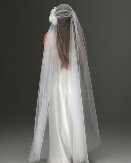 Juliet Cap Veil with Side Flower – One Tier Cascade Soft Tulle Long Bridal Veil