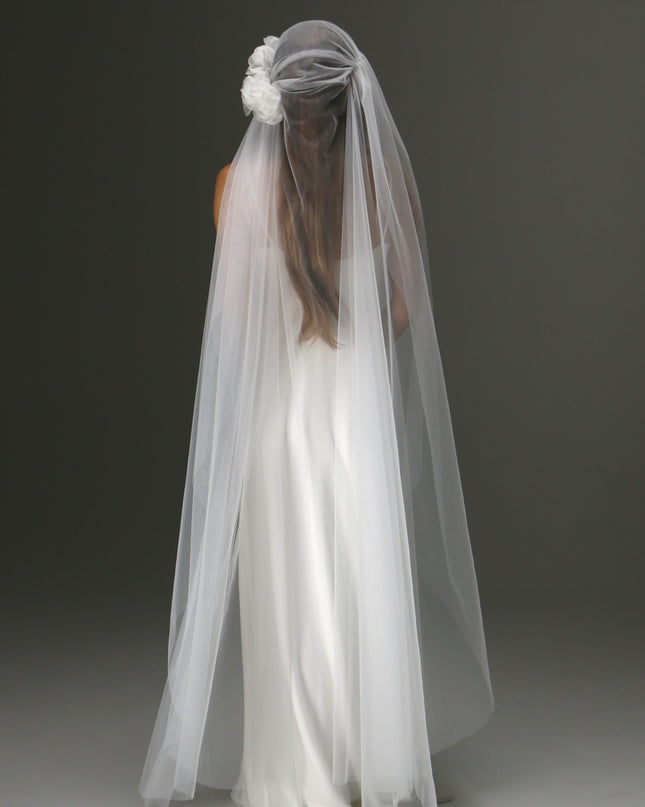 Juliet Cap Veil with Side Flower – One Tier Cascade Soft Tulle Long Bridal Veil