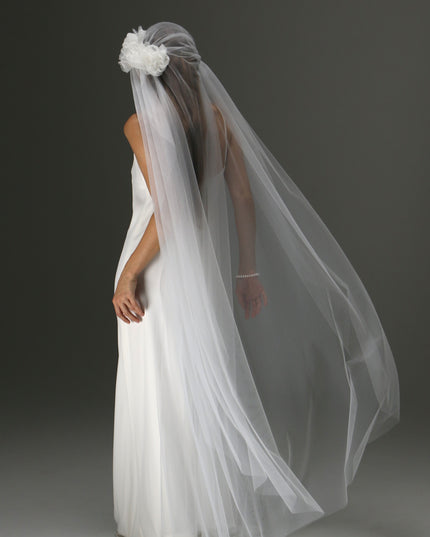 Juliet Cap Veil with Side Flower – One Tier Cascade Soft Tulle Long Bridal Veil