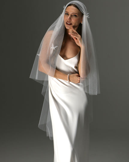 Juliet Cap Veil with 3D Butterflies – One Tier Soft Tulle Boho Bridal Veil