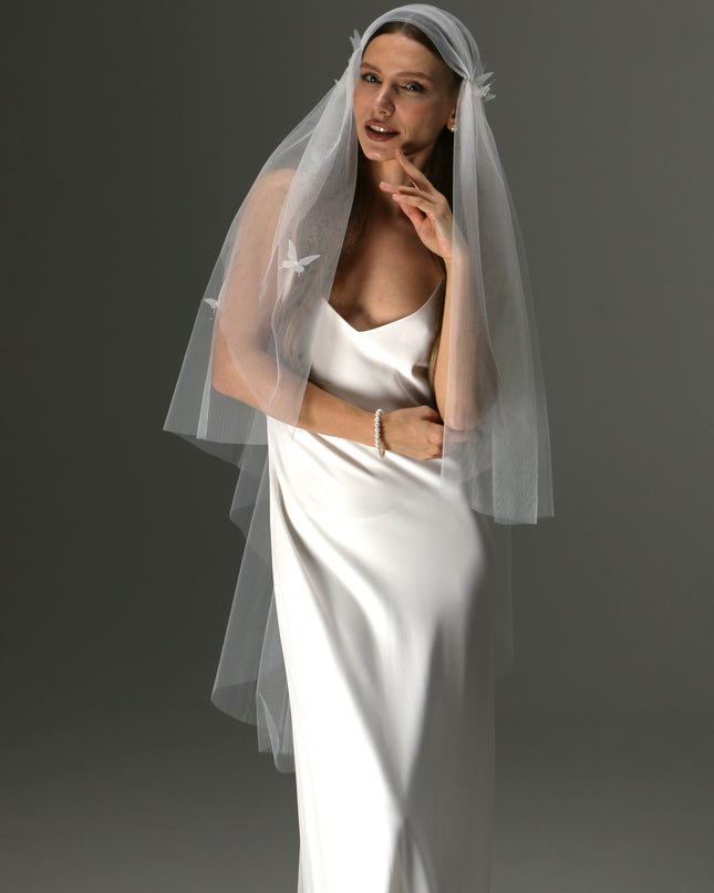 Juliet Cap Veil with 3D Butterflies – One Tier Soft Tulle Boho Bridal Veil