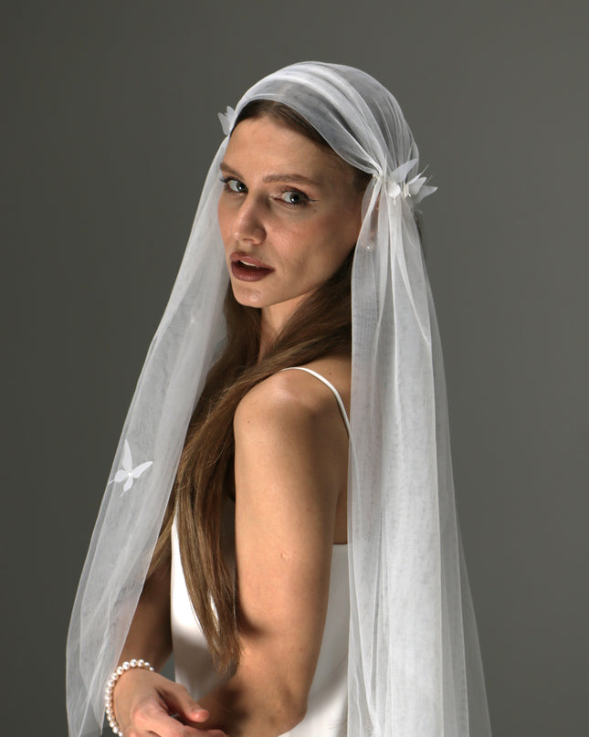 Juliet Cap Veil with 3D Butterflies – One Tier Soft Tulle Boho Bridal Veil