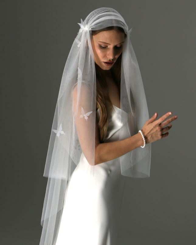 Juliet Cap Veil with 3D Butterflies – One Tier Soft Tulle Boho Bridal Veil