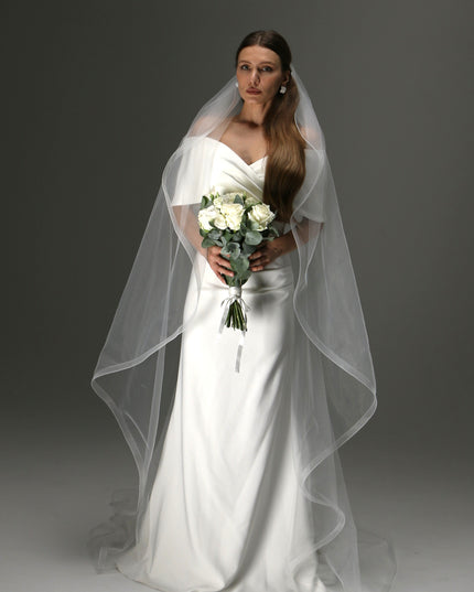 One Layer Cathedral Cascade Bridal Veil with Flowing Train and Horsehair Edge