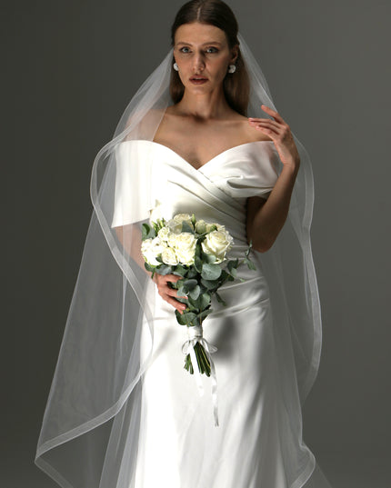One Layer Cathedral Cascade Bridal Veil with Flowing Train and Horsehair Edge