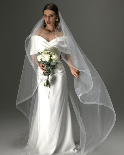One Layer Cathedral Cascade Bridal Veil with Flowing Train and Horsehair Edge