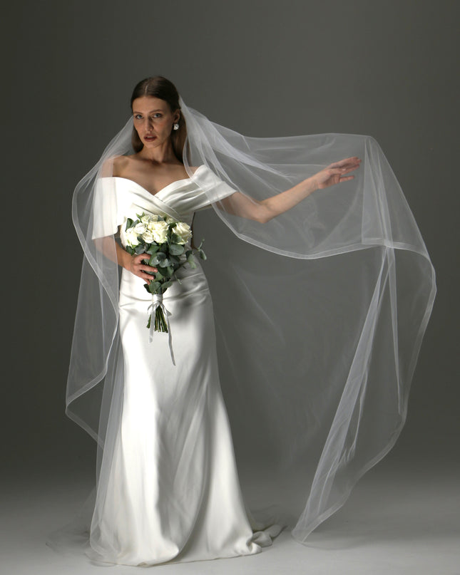 One Layer Cathedral Cascade Bridal Veil with Flowing Train and Horsehair Edge