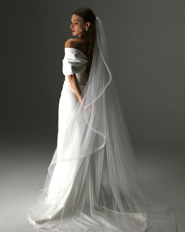 One Layer Cathedral Cascade Bridal Veil with Flowing Train and Horsehair Edge
