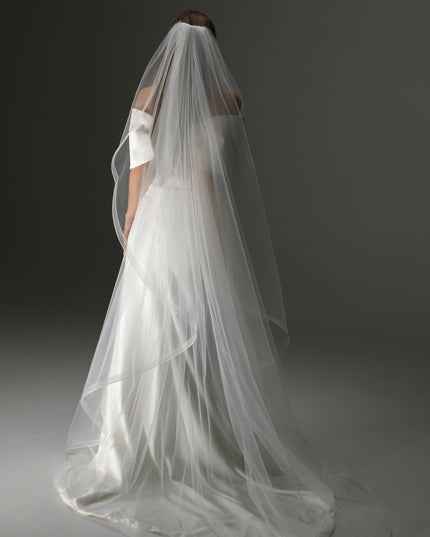 One Layer Cathedral Cascade Bridal Veil with Flowing Train and Horsehair Edge