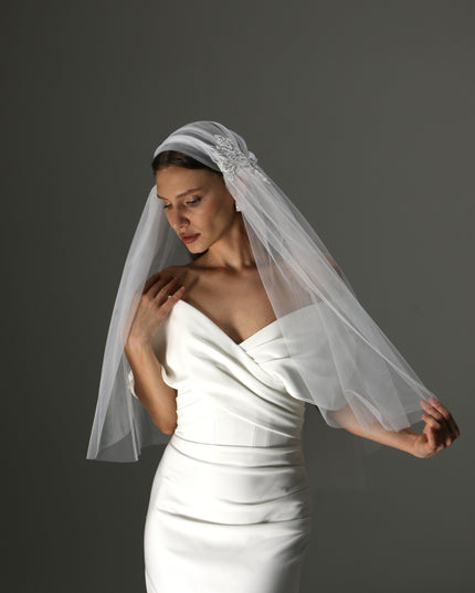 Juliet Cap Veil with Lace Appliqués – One Tier Cascade Soft Tulle Bridal Veil