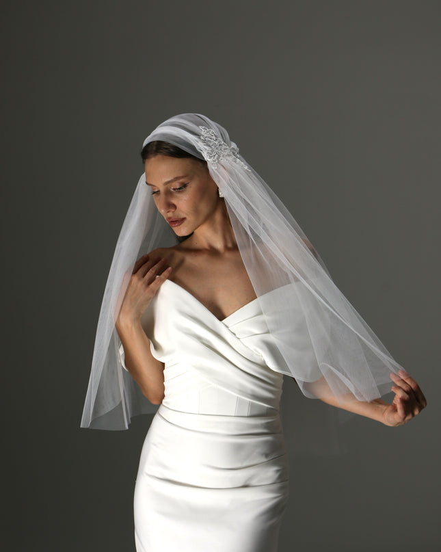 Juliet Cap Veil with Lace Appliqués – One Tier Cascade Soft Tulle Bridal Veil