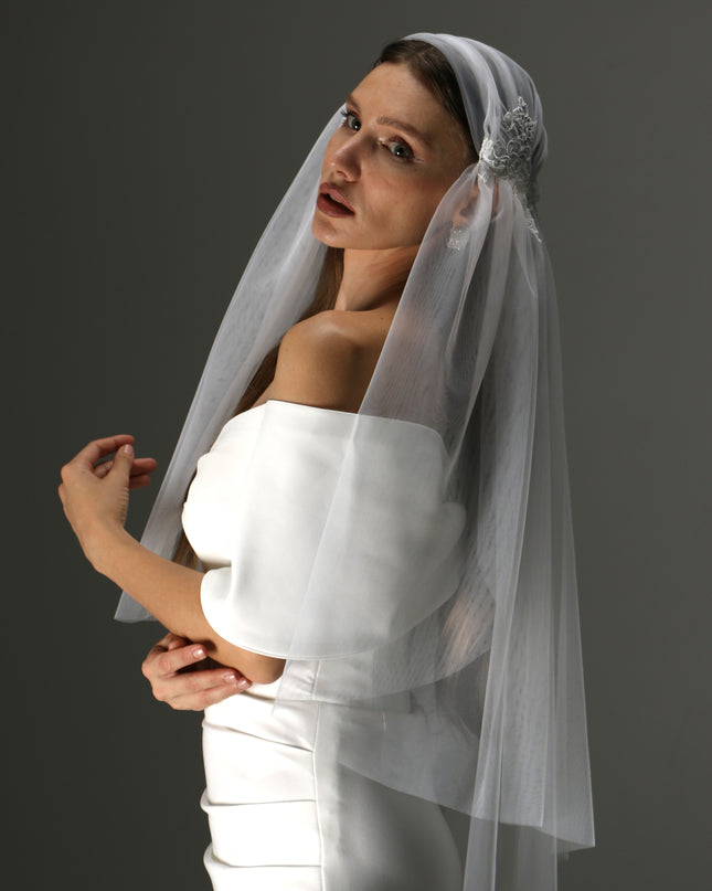 Juliet Cap Veil with Lace Appliqués – One Tier Cascade Soft Tulle Bridal Veil