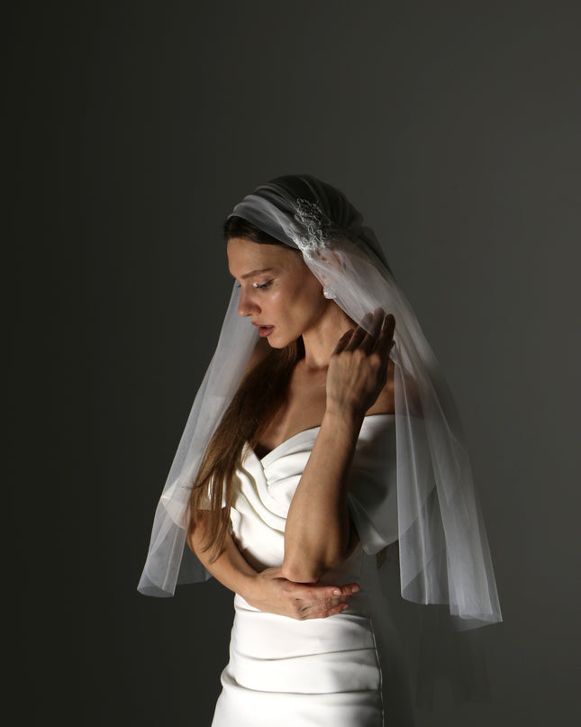 Juliet Cap Veil with Lace Appliqués – One Tier Cascade Soft Tulle Bridal Veil