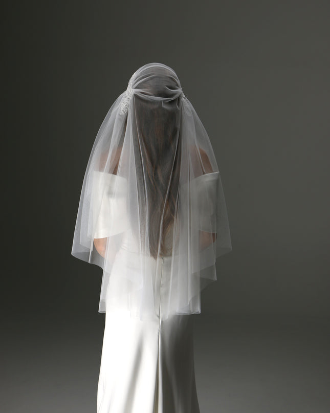 Juliet Cap Veil with Lace Appliqués – One Tier Cascade Soft Tulle Bridal Veil