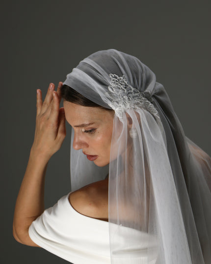 Juliet Cap Veil with Lace Appliqués – One Tier Cascade Soft Tulle Bridal Veil