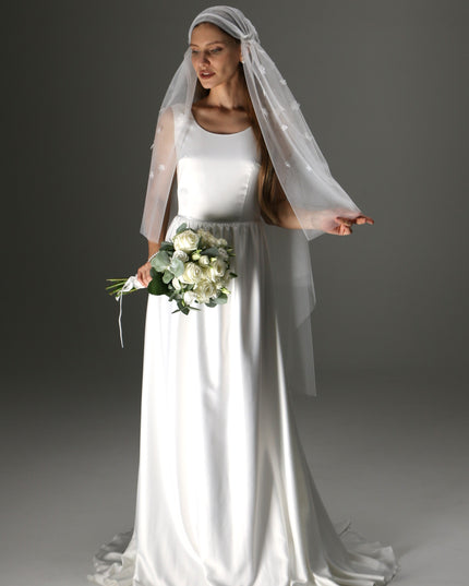 Juliet Cap Wedding Veil – Two Tier Cascade Style with Floral Appliqué in Soft Tulle