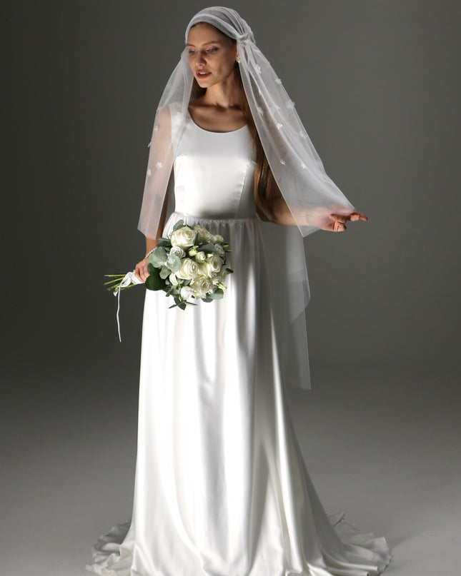 Juliet Cap Wedding Veil – Two Tier Cascade Style with Floral Appliqué in Soft Tulle