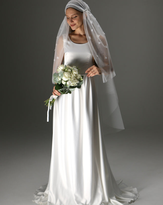 Juliet Cap Wedding Veil – Two Tier Cascade Style with Floral Appliqué in Soft Tulle