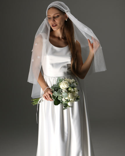 Juliet Cap Wedding Veil – Two Tier Cascade Style with Floral Appliqué in Soft Tulle