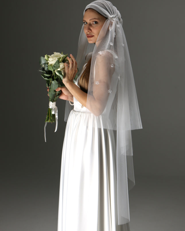 Juliet Cap Wedding Veil – Two Tier Cascade Style with Floral Appliqué in Soft Tulle