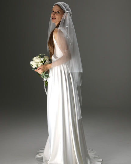 Juliet Cap Wedding Veil – Two Tier Cascade Style with Floral Appliqué in Soft Tulle