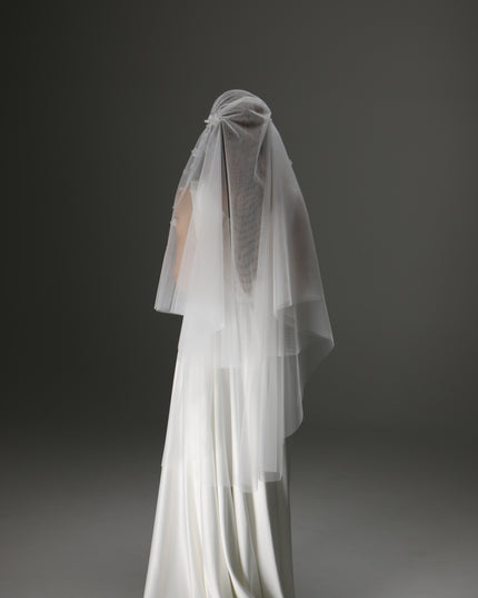 Juliet Cap Wedding Veil – Two Tier Cascade Style with Floral Appliqué in Soft Tulle