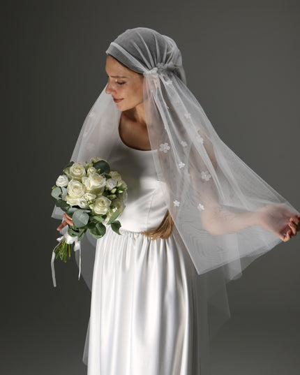 Juliet Cap Wedding Veil – Two Tier Cascade Style with Floral Appliqué in Soft Tulle