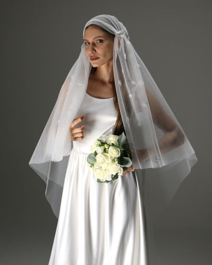Juliet Cap Wedding Veil – Two Tier Cascade Style with Floral Appliqué in Soft Tulle