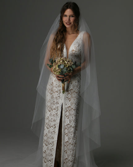 Single Tier Cathedral Veil – Plain Sheer Tulle Wedding Veil, Cut Edge Cascade Bridal Veil, Royal Length Veil