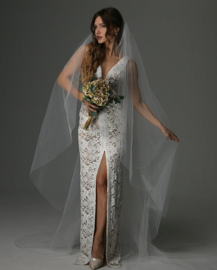 Single Tier Cathedral Veil – Plain Sheer Tulle Wedding Veil, Cut Edge Cascade Bridal Veil, Royal Length Veil