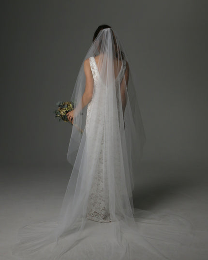 Single Tier Cathedral Veil – Plain Sheer Tulle Wedding Veil, Cut Edge Cascade Bridal Veil, Royal Length Veil