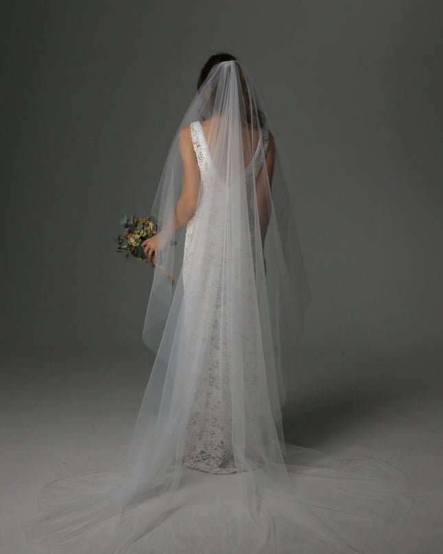 Single Tier Cathedral Veil – Plain Sheer Tulle Wedding Veil, Cut Edge Cascade Bridal Veil, Royal Length Veil