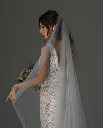 Single Tier Cathedral Veil – Plain Sheer Tulle Wedding Veil, Cut Edge Cascade Bridal Veil, Royal Length Veil