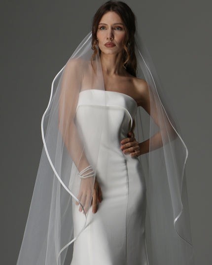 Minimalist Cascading Veil, One Layer Satin Ribbon Edge Veil, Simple Bridal Veil