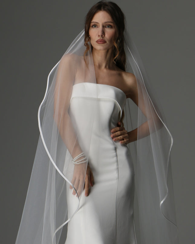 Minimalist Cascading Veil, One Layer Satin Ribbon Edge Veil, Simple Bridal Veil