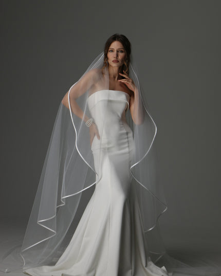 Minimalist Cascading Veil, One Layer Satin Ribbon Edge Veil, Simple Bridal Veil