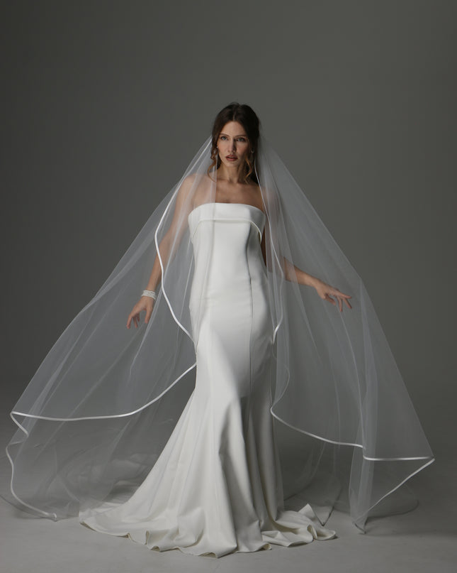 Minimalist Cascading Veil, One Layer Satin Ribbon Edge Veil, Simple Bridal Veil