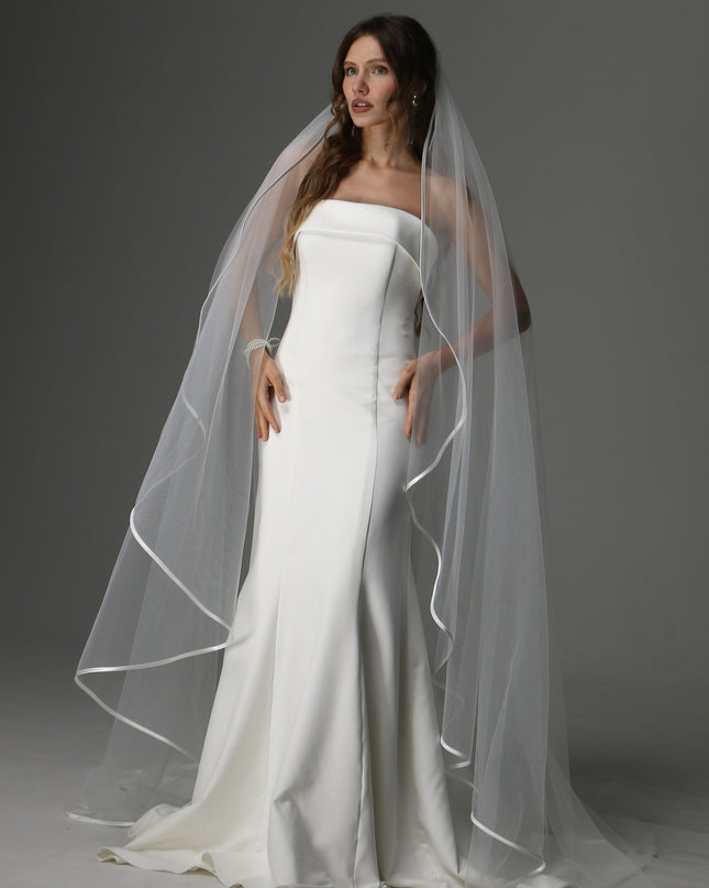 Minimalist Cascading Veil, One Layer Satin Ribbon Edge Veil, Simple Bridal Veil