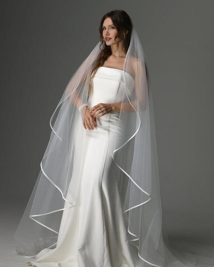 Minimalist Cascading Veil, One Layer Satin Ribbon Edge Veil, Simple Bridal Veil